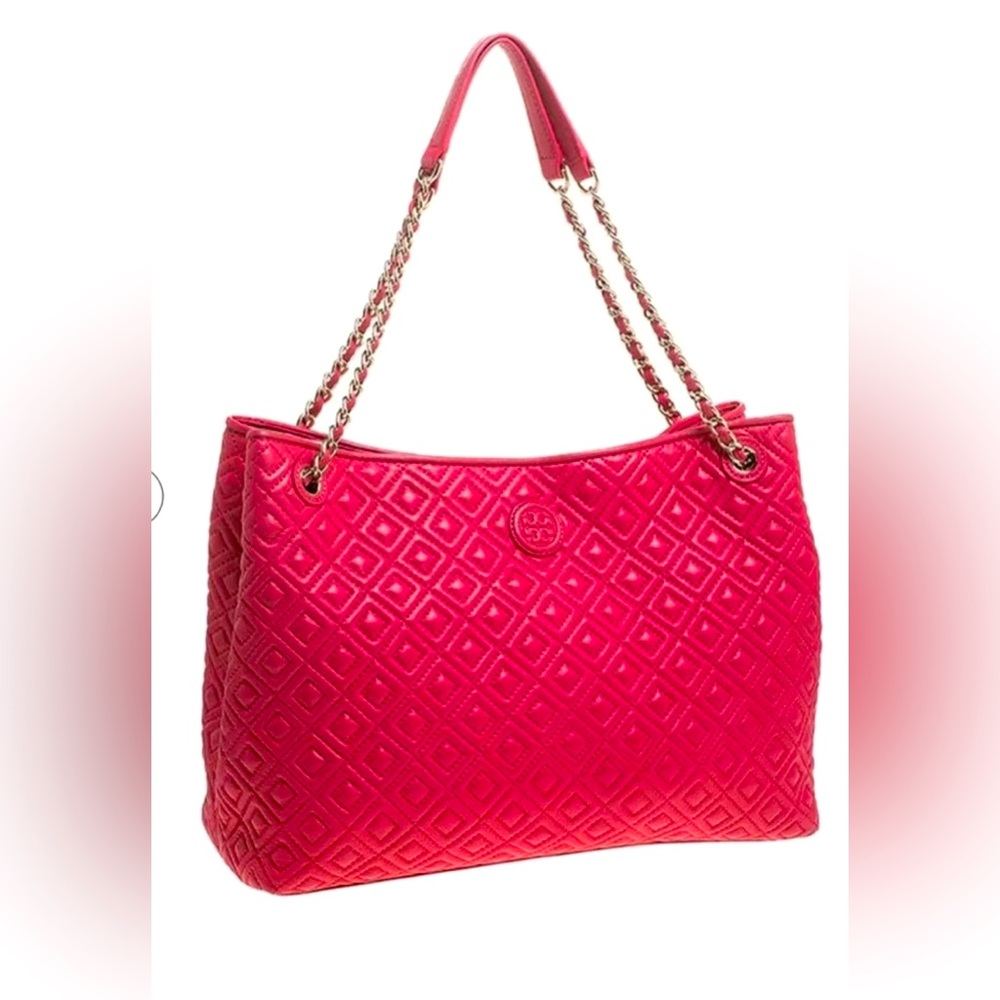 Tory Burch Marion Quilted Chain Slouchy Satchel In Peony